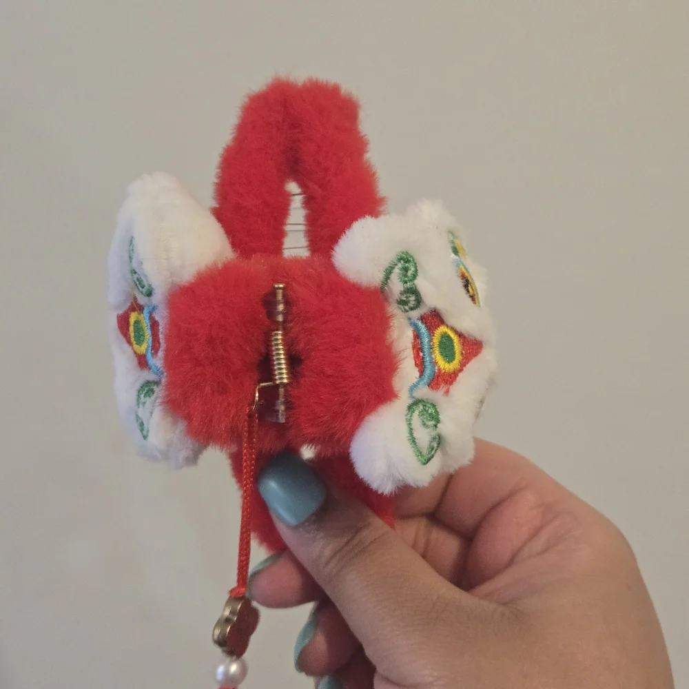 Vibrant Red and White Embroidered Lion Hair Clip